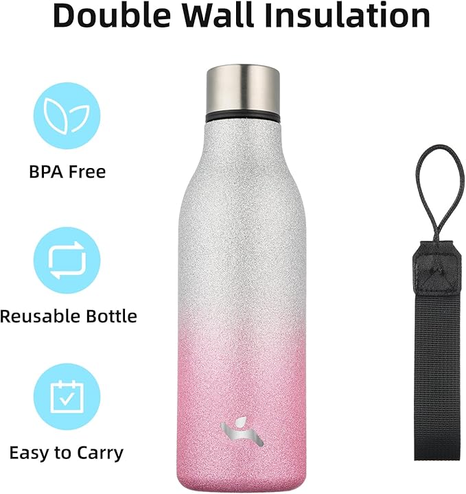 Insulated Water Bottle with Strap,18 oz Double Wall Stainless Steel Vacuum Bottles Metal Water Flask,Sparkling Silver Pink