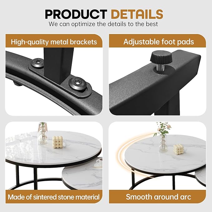 Round Nesting Coffee Table, White Modern Decorative Coffee Center Table Set of 2,Round Sintered Stone 24'' Coffee Table for Living Room with Sturdy Metal Frame.