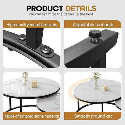 Round Nesting Coffee Table, White Modern Decorative Coffee Center Table Set of 2,Round Sintered Stone 24'' Coffee Table for Living Room with Sturdy Metal Frame.