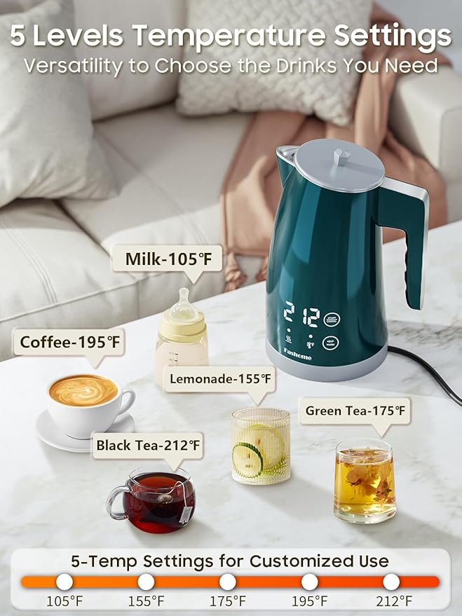 Temperature Control Electric Kettle, 5 Temp Presets, 2H Keep Warm, 1.25L 1200W Fast Boil with LED Display, Cool-Touch Design with Auto Shut-Off, Cordless Design, Ideal for Tea and Coffee（Green）