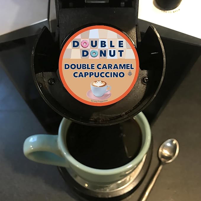 Double Donut Coffee Cappuccino Pods, Caramel Cappuccino, Single Serve for Keurig K Cups Brewers, 24 Count