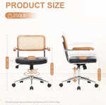 Load image into Gallery viewer, Rattan Office Chairs, Modern Rattan Desk Chair with Natural Back &amp; Wood Armrest, Small Upholstered Tufted Leather Home Office Desk Chairs for Home Office, Bedroom, Study, Black