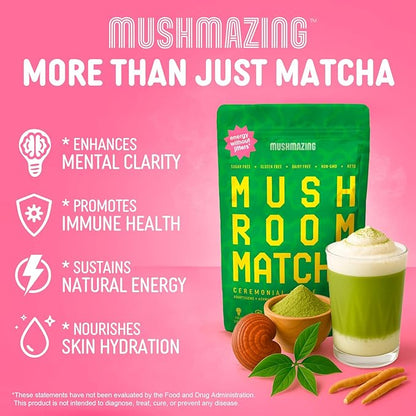 Mushroom Matcha + Lions Mane, Ashwagandha, Collagen – Clean Energy & Focus – Ceremonial Grade Macha Green Tea with 5 Mushrooms Powder – 30 Servings
