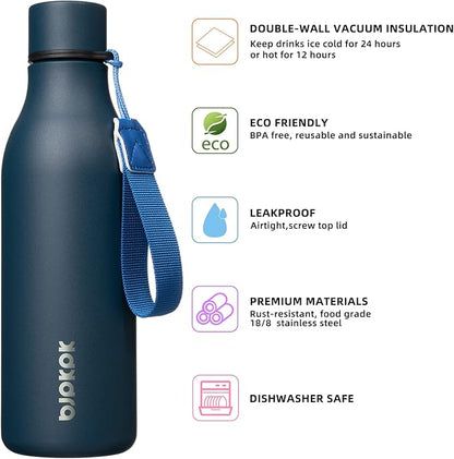 BJPKPK Insulated Water Bottles, 18 oz Stainless Steel Metal Water Bottle with Strap, BPA Free Leak Proof Jugs, Mugs, Flasks, Reusable Thermal Flasks for Sports & Travel, Navy Blue