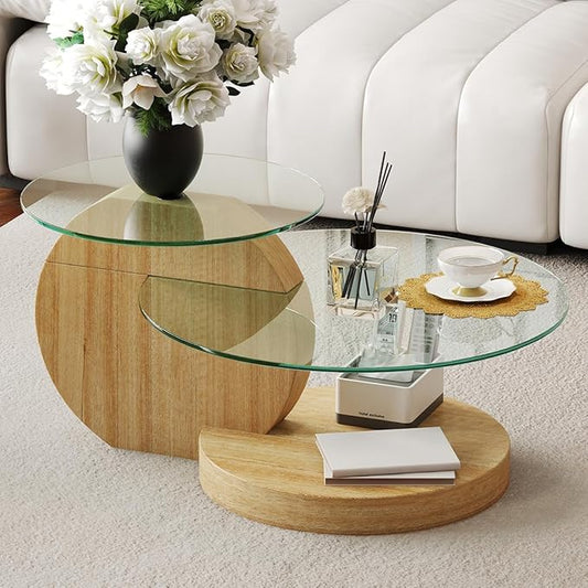 35 Inch Glass Coffee Table，Round Coffee Table with 2-Tier Tempered Glass Tabletop，Easy to Clean Circle Coffee Table with Sturdy Base for Living Room，Office (Wood-Colored Base)