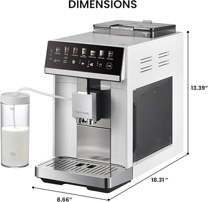 Kenmore Fully Automatic Coffee Maker - with Grinder, Milk Frother & Steamer, Auto Tamper, Descaler Expresso Machine, cafeteras electricas modernas machines For Home/Office White