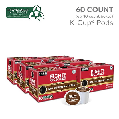 Eight O'Clock Coffee Colombian Peaks, Keurig Single Serve K-Cup Pods, Medium Roast, 60 Count (6 pack of 10)