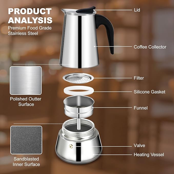 12 Cup Stovetop Espresso Maker Stainless Steel Moka Pot Stove Top Percolator Italian Coffee Makers Capable Mocha Greca Machine Cafe Classic Induction Cookers for Home and Camping 600ml 20oz