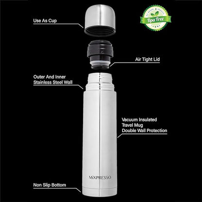 Mixpresso Coffee Flask & Coffee Mug, Stainless Steel Coffee vacuum flask For Hot Coffee or Cold Tea Fits Car Caddy or Backpack, Leak Proof Travel Mug, 17 Ounce Coffee Thermos
