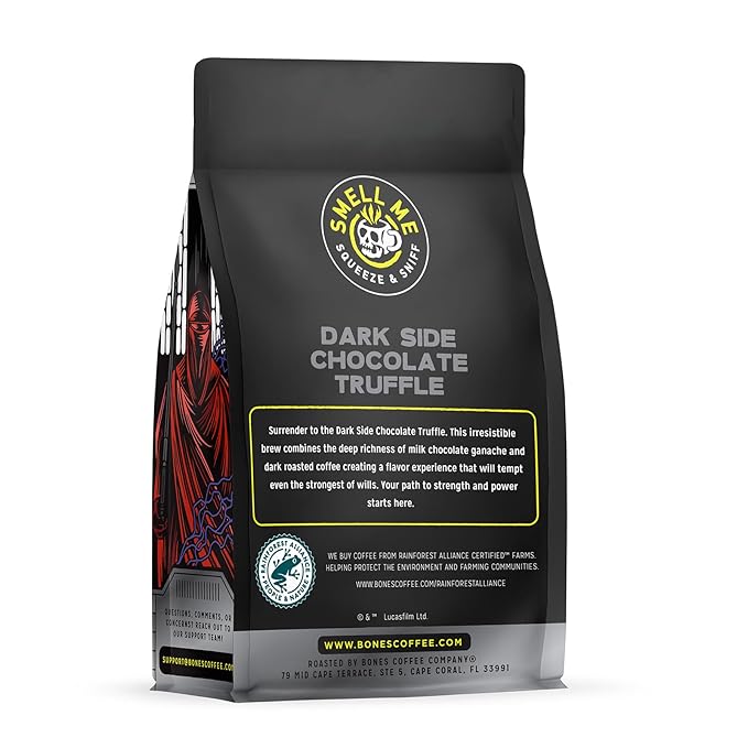 Bones Coffee Company Star Wars Dark Side Chocolate Truffle Flavored Coffee, Medium Roast Low Acid Arabica Beans Compatible with Auto drip and French Press Coffee Maker, 12 Oz Whole Bean