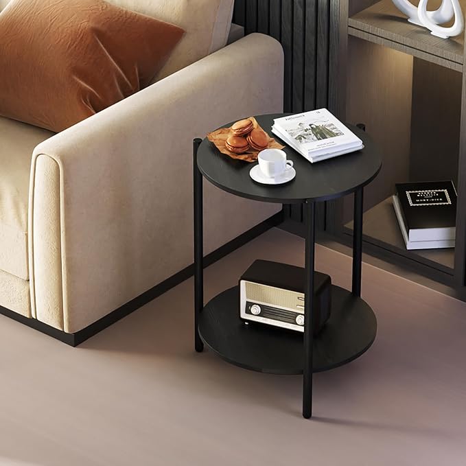 Round Side Table, 2-Tier Circle End Tables with Storage Wood Rustic Small End Tables Farmhouse Side Table for Living Room Bedroom Balcony Small Spaces