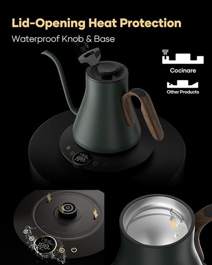 Cocinare FLOW B9 Gooseneck Electric Kettle, Precise Temperature Control for Pour-Over Coffee & Tea Brewing, Stainless Steel Interior, Rapid Heating for Boiling Water 1500W/0.9L (Delacroix Green)