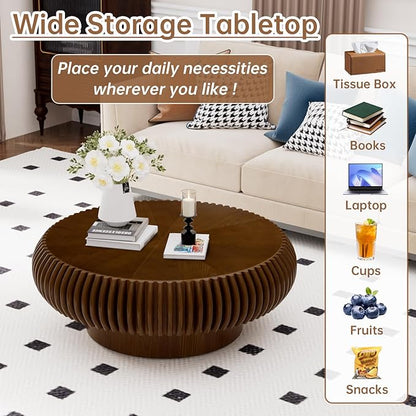 Round Coffee Table 31.4" Modern Brown Fluted Coffee Table Low Walnut Round Drum Pedestal Coffee Tables for Living Room Farmhouse (Walnut 31.4in)