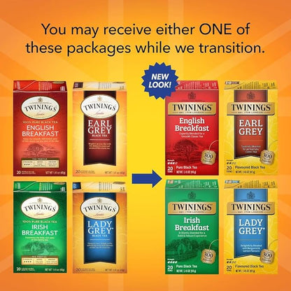 Twinings Variety Pack Black Tea Bags, 20 Count (Pack of 4), Includes English Breakfast, Earl Grey, Irish Breakfast, and Lady Grey, Caffeinated, Enjoy Hot or Iced, 80 Teabags