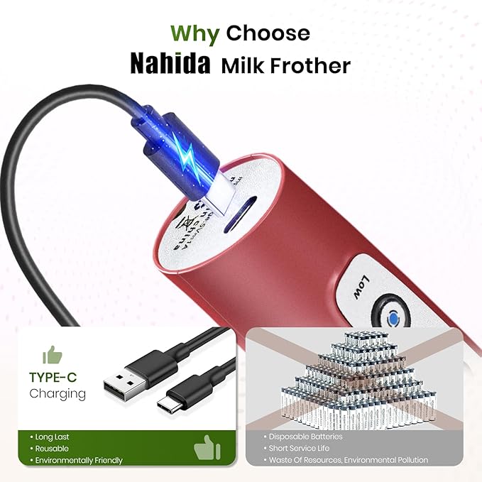 Nahida Handheld Milk Frother Wand with Stand & 14oz Milk Frothing Pitcher Milk Coffee Cappuccino Latte Art - Red