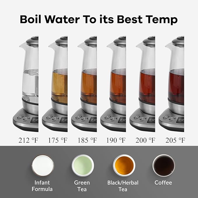 Mecity Electric Tea Kettle with Removable Infuser, 9 Preset Brewing Programs, Temperature Control, 2 Hours Keep Warm, Borosilicate Glass, 1.7 Liter, 1200W