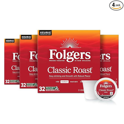 Folgers Classic Roast Medium Roast Coffee, 128 Keurig K-Cup Pods