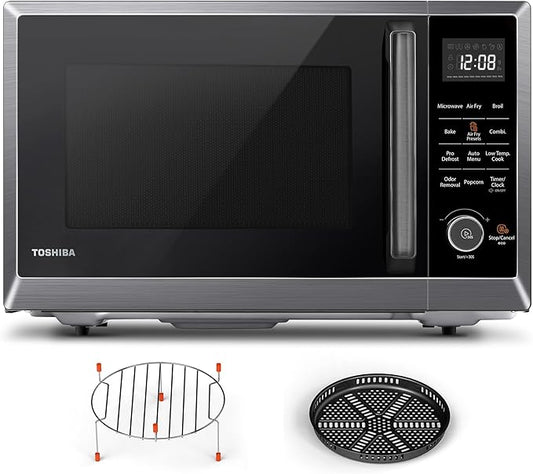 TOSHIBA Combo 8-in-1 Countertop Microwave Oven, with Convection, Broil, Odor Removal Mode, 12.4" Position Memory Turntable, Child-Lock, Black Stainless Steel, ML2-EC10SA(BS) A, Air Fryer-1.0 Cu.Ft