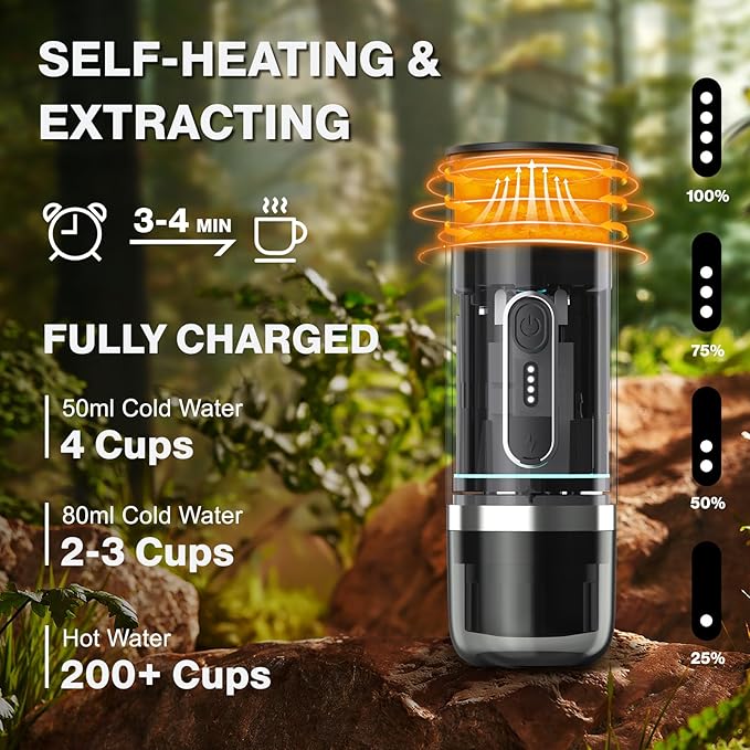 Portable Espresso Maker for Travel, Camping Coffee Machine, Electric Self-Heating With USB-C, Ground Coffee Compatible with Nespresso & Dolce Gusto for RV, Outdoor, Office (black)