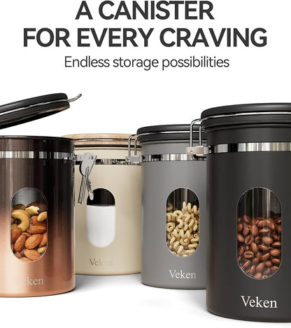 Veken Coffee Canister with Window,Airtight Stainless Steel Kitchen Food Storage Container, Date Tracker & Scoop for Grounds Coffee, Beans, Tea, Flour, Cereal,Sugar,22OZ,Grey