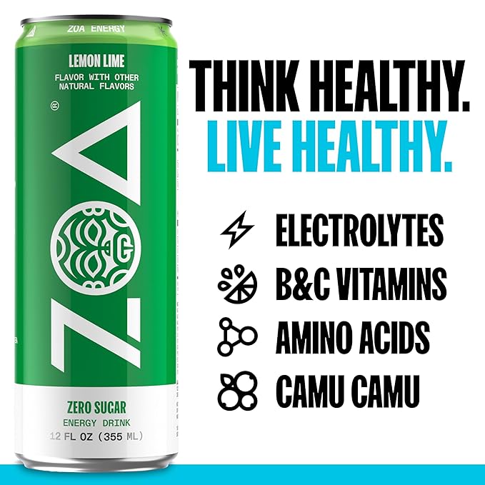 ZOA Energy Sugar Free Energy Drinks With Electrolytes For Hydration, Lemon Lime - 12 Fl Oz (12-Pack)