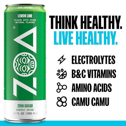 ZOA Energy Sugar Free Energy Drinks With Electrolytes For Hydration, Lemon Lime - 12 Fl Oz (12-Pack)