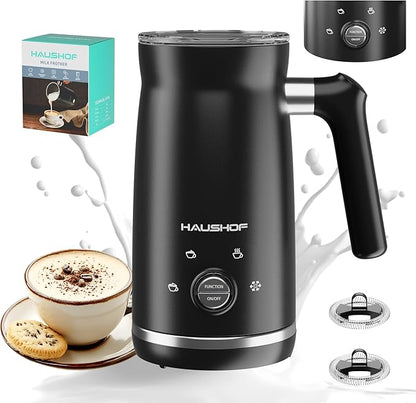 HAUSHOF Electric Milk Frother, 4-in-1 Milk Frother and Steamer, Large Capacity, Automatic Warm and Cold Foam Maker and Milk Warmer for Coffee, Latte, Macchiato, Cappuccino, Hot Chocolate, Black