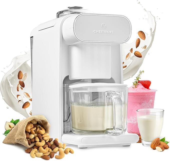 ChefWave Milkmade Non-Dairy Milk Maker (Silver/White)– 6-in-1 Vegan Plant-Based Milk Machine with Auto Clean, Delay Start & Glass Pitcher – Almond, Oat, Soy, Cashew, Coconut, Macadamia Milk Maker