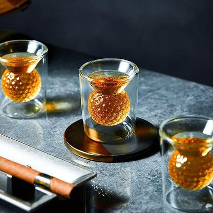 Golf Ball Shot Glasses Set of 4, Funny Handmade Birthday Gifts for Men and Women - 2oz Double Walled with 3D Shape Golf Ball Inside, Tequila, Whiskey, Cocktail Presents for Golfer
