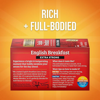 Twinings Extra Bold English Breakfast Black Tea Individually Wrapped Bags, 20 Count (Pack of 1), Robust, Caffeinated, Enjoy Hot or Iced, 20 Teabags