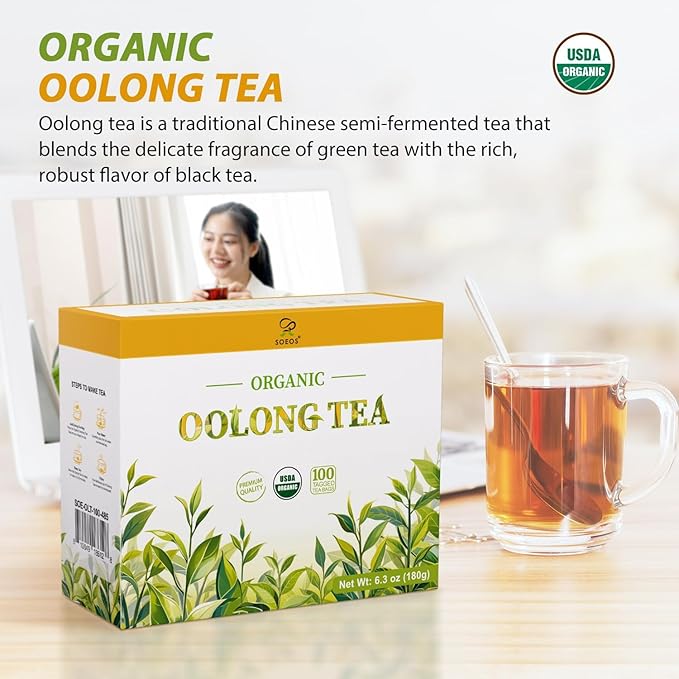 Soeos Organic Oolong Tea, 100 Tea Bags, USDA Certify, Low Caffeine, 6.3 oz (180 g)