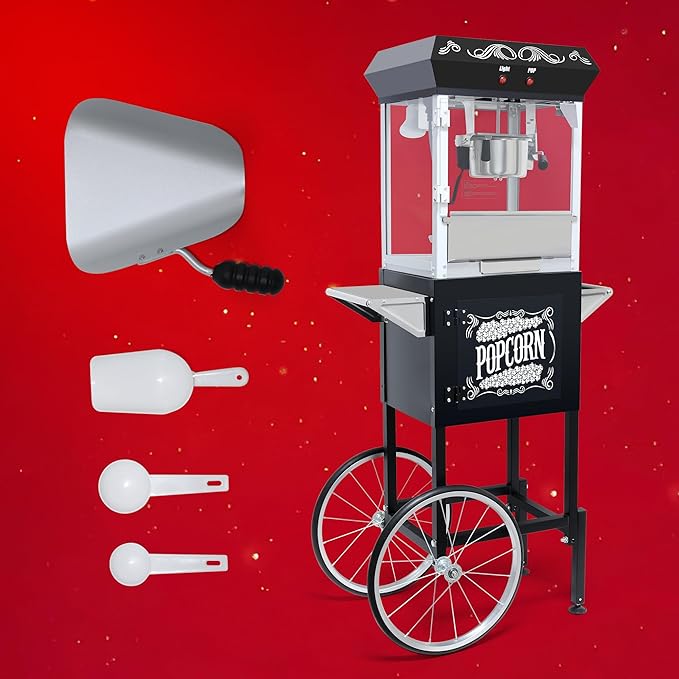 Popcorn Machine with Cart, 10oz Commercial Popcorn Maker Machine with Stainless Steel Kettle, Reject Kernel Tray, Warming Light and Steel Frame Tempered Glass Doors
