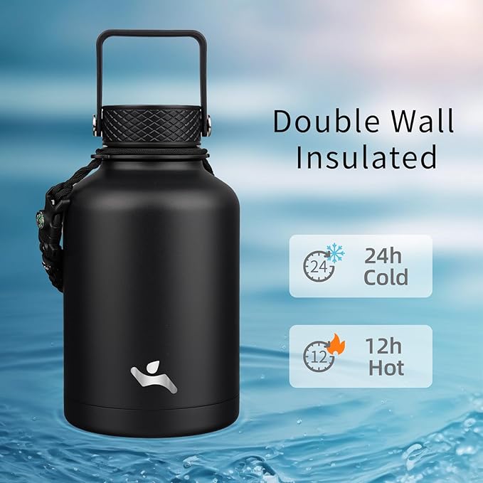 Insulated Water Bottle with Straw,50 oz 3 Lids Water Jug with Carrying Bag,Paracord Handle,Double Wall Vacuum Stainless Steel Metal Flask,Black