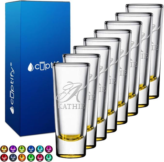 Personalized Shot Glasses Set of 8 Yellow Bottom Custom 2 oz Cordial Shot Glass Initial and Name for Gifts, Weddings, Birthdays, Party, Event, Decorations