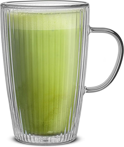 JoyJolt Fluted Glass Coffee Mugs - Double Insulated, 15oz Large Set of 2, Thermal Glass Coffee Mugs