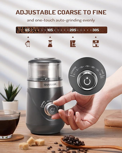 SHARDOR Electric Super Silent Blade Coffee Grinder, Timed Grind Control Rotary Knob, Adjustable Coarse to Fine for Coffee Beans, Spices & Herbs, with 1 Removable Stainless Steel Bowl,Light Gray