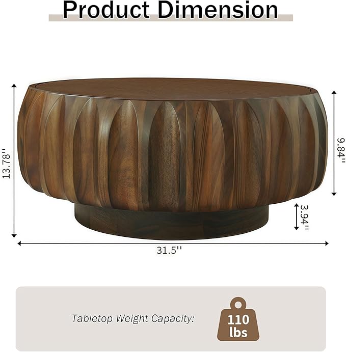 31.5" Round Coffee Table Drum Table Contemporary Wood Fluted Centry Table with Solid Wood Veneer for Living Room (Walnut)