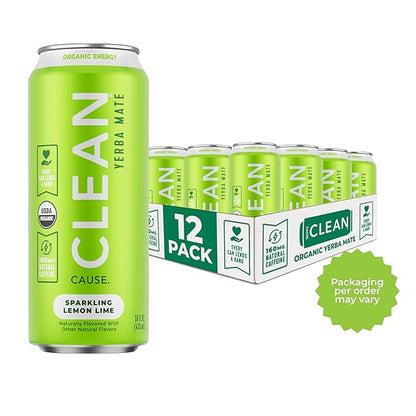 CLEAN Cause Low Calorie Lemon Lime USDA Organic Sparkling Yerba Mate Tea (16oz cans, 12-Pack Case) Low Sugar, 160mg Caffeine, Healthy Alternative to Soda & Energy Drinks.