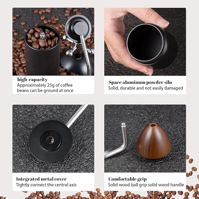 Generic Manual coffee grinder Capacity 25 grams, stainless steel tapered burrs - wooden handle - adjustable internal settings, dual bearing positioning, MCG2401, Black