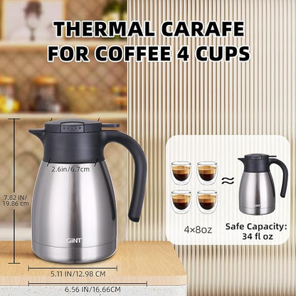 GiNT 34Oz Thermal Coffee Carafe, Insulated Stainless Steel Coffee Carafes for Keeping Hot/Double Walled Vacuum Coffee Carafe (Silver, 1L)
