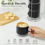 Load image into Gallery viewer, 10 Ounce Black Porcelain Stackable Cappuccino Cups with Stainless Steel Holder, Set of 4, Durable Ceramic, Perfect for Home, Office or Gift