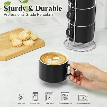 10 Ounce Black Porcelain Stackable Cappuccino Cups with Stainless Steel Holder, Set of 4, Durable Ceramic, Perfect for Home, Office or Gift