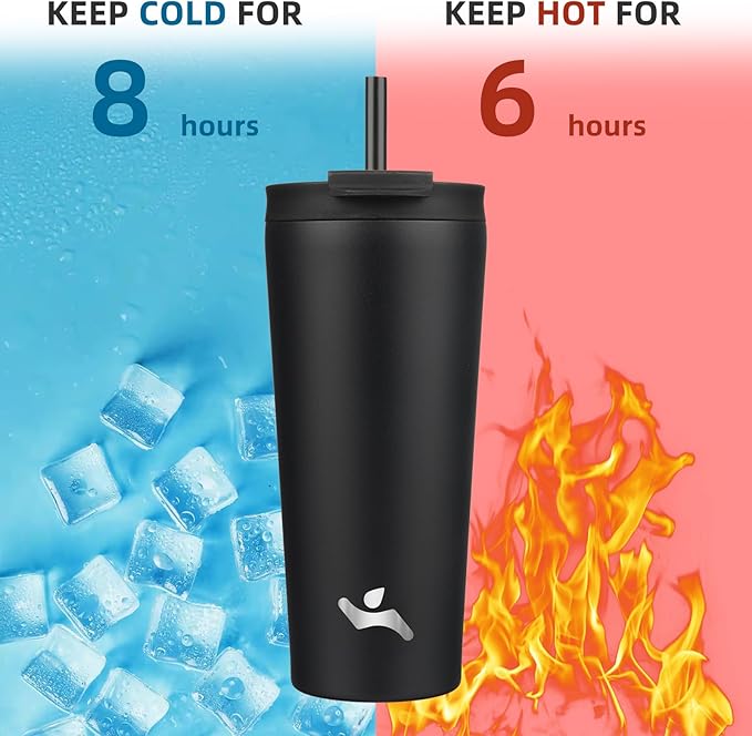 22 OZ Insulated Tumbler with Lid and 2 Straws Stainless Steel Water Bottle Vacuum Travel Mug Coffee Cup,Black