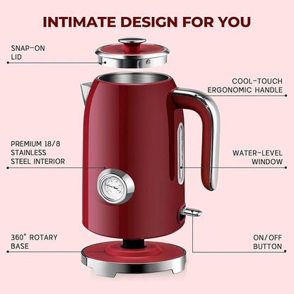 SUSTEAS Electric Kettle - 57oz Hot Tea Water Boiler with Thermometer, 1500W Fast Heating Stainless Steel Pot, Cordless LED Indicator, Auto Shut-Off & Boil Dry Protection, Red