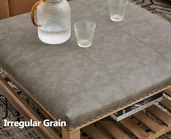 Kmax 32-Inch Grey Faux Leather Coffee Table Large Square Ottoman Foot Rest Stool Upholstered Coffee Table with Wooden Shelf Storage for Living Room Office