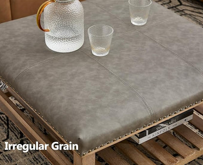 Kmax 32-Inch Grey Faux Leather Coffee Table Large Square Ottoman Foot Rest Stool Upholstered Coffee Table with Wooden Shelf Storage for Living Room Office