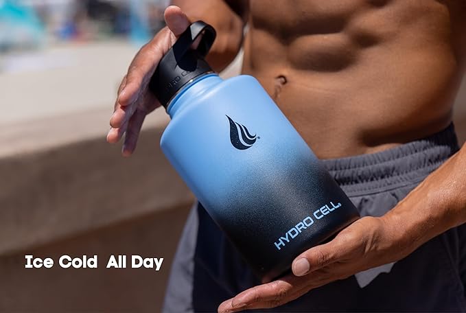 HYDRO CELL Stainless Steel Insulated Water Bottle with Straw - For Cold & Hot Drinks - Metal Vacuum Flask with Screw Cap and Modern Leakproof Sport Thermos for Adults (Blue/Black 64oz)