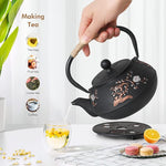 Load image into Gallery viewer, Japanese Style Cast Iron Teapot with 4 Tea Cups Trivet Tetsubin Tea Kettle with Infuser Chinese Tea Set for Adults Iron Tea Pots Black (Magpie and Plum Pattern)