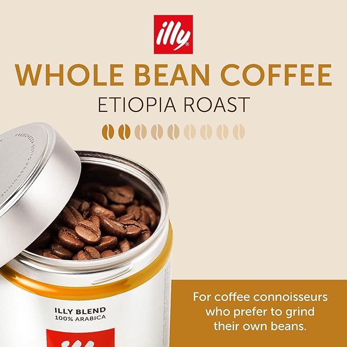 illy Arabica Selections, Ethiopia Whole Bean Coffee, 100% Arabica, Single Origin, Light Roast with Notes of Jasmine, All-Natural, No Preservatives, 8.8 Ounce Can (Pack of 6)