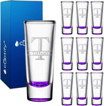Load image into Gallery viewer, Personalized Shot Glasses Set of 10 Purple Bottom Custom 2 oz Cordial Shot Glass Initial and Name for Gifts, Weddings, Birthdays, Party, Event, Decorations